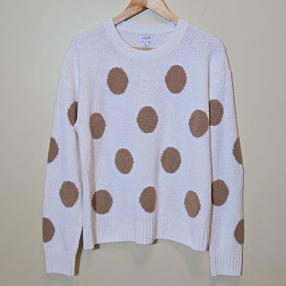 J. Crew Polka-dot Crew Neck Sweater Size Medium Ribbed Trim Minimalist Vanilla - Picture 1 of 11